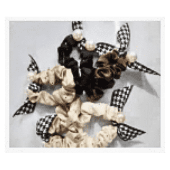 Pearl Bow Plaid Scrunchies with Checkered Ribbons, 5-Pack Neutral Tones