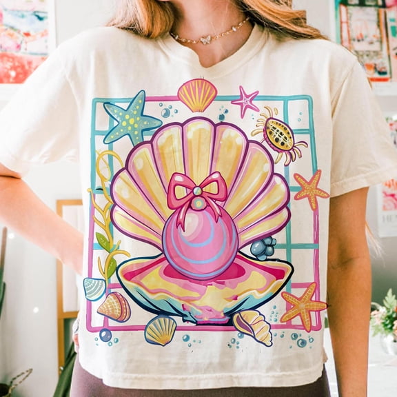 Pearl Bow Seashell Clam Bow, Coquette Pearl Bow, Pink Clam, Summer Beach Style, Coastal Aesthetic, Girly Summer Shirt, Trendy Tee