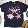 thumbnail image 1 of Pearl Bow Seashell T-Shirt for Women, Cute Starfish and Ocean Charm Graphic Tee, Navy, Size XL, 1 of 6