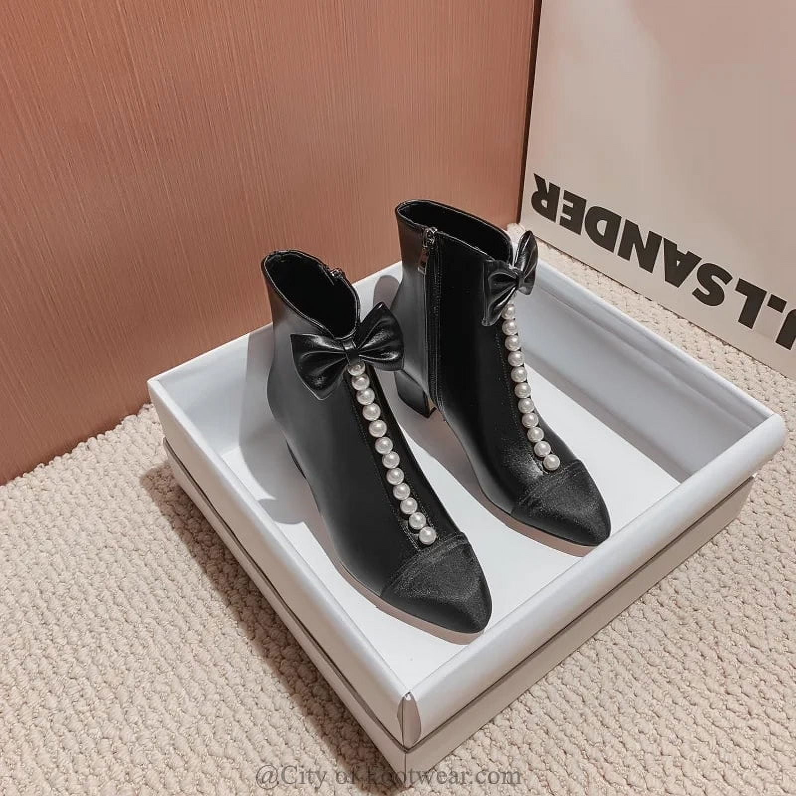 Pearl Bow knot Low Heel Ankle Boots Woman Winter Black White Round Toe Zip Booties New in Luxury Designer Causal Dress Shoes Walmart