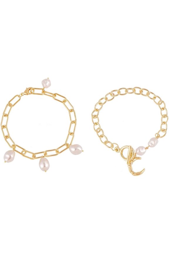 Pearl Bracelet Bohemian Baroque Pearl Bracelet Adjustable Faux Pearl Bracelet Stretch Bridal Party Prom Bridesmaid Beaded Bracelet Wedding Accessories for Women Summer Beach Jewelry 2Pcs