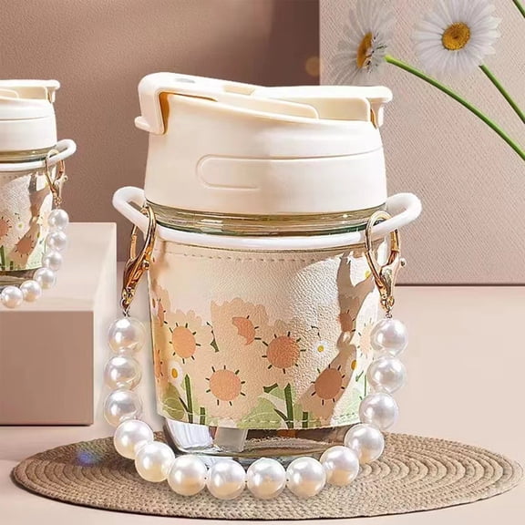 Pearl Bracelet Double Drinking Glass Cup, Two-Way Sipping Tumbler with Glass Straw, Heat-Resistant Spring Aesthetic High-Value Cup for Home Office Daily Use