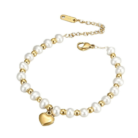 Gold Bracelet for Women, Stainless Steel Pearl Chain with Heart Bangle, Adjustable Wedding Jewelry, Elegant Gift for Her, Girlfriend, Mom