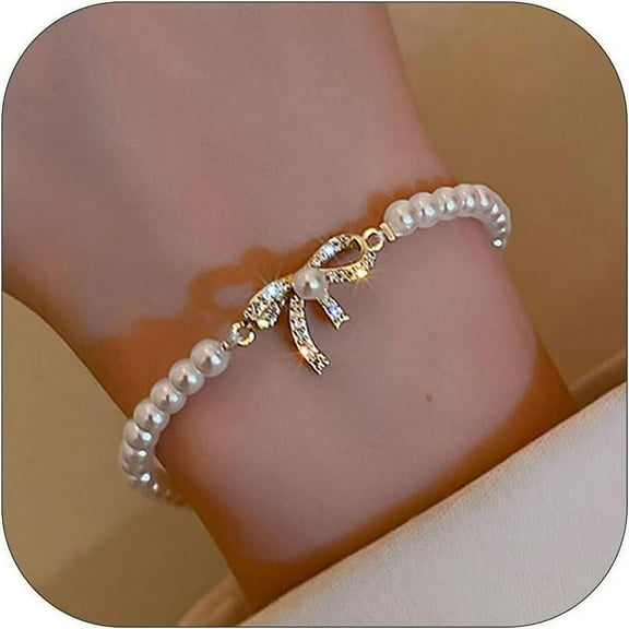 Pearl Bracelets for Women Dainty Bow Charm Bracelet Baroque Pearl Jewelry Trendy Stuff Bridesmaid Bridal Wedding Jewelry Gifts