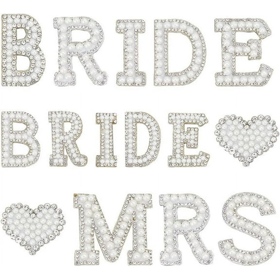 Pearl Bride Patch Iron/Sew on Letter & Heart Applique Patch Bling Rhinestone English Letter Bride MRS Patches Pearl Beaded Glitter Alphabet Applique for DIY Wedding Dress Cloth Decor