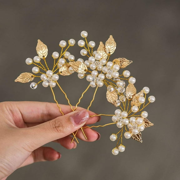 SkyAuksPearl Bride Wedding Hair Pins Leaf Bridal Head Piece Flower Hair Accessories for Women and Girls (Pack of 3) (Gold)