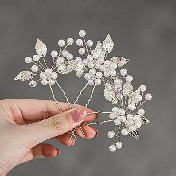 Pearl Bride Wedding Hair Pins Leaf Bridal Head Piece Flower Hair Accessories for Women and Girls (Pack of 3) (Gold)