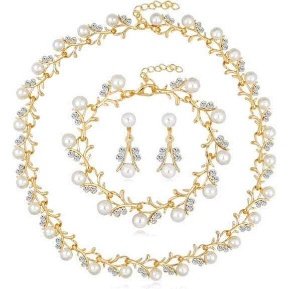 Pearl Bride Wedding Jewelry Set Crystal Bridal Necklace Bracelet Earrings Sets Rhinestone Choker Necklace Prom Costume Jewelry Set for Women and Brides