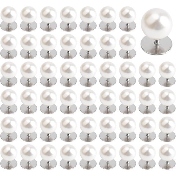 Pearl Brooch Button, 50 Sets Faux Pearl Brooch Buttons No Sew Buttons White Round Embellishments for Dress Suit Bag Decoration DIY Craft, 10 mm