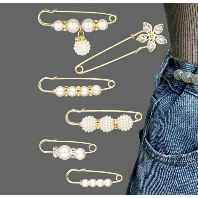 5pcs-Fashion Pearl Brooch,Sweater Shawl Clip Double Faux Pearl Brooches  Waist Pants Extender Safety Pins brooches for women dress clips back cinch shirt  clips for women for the side