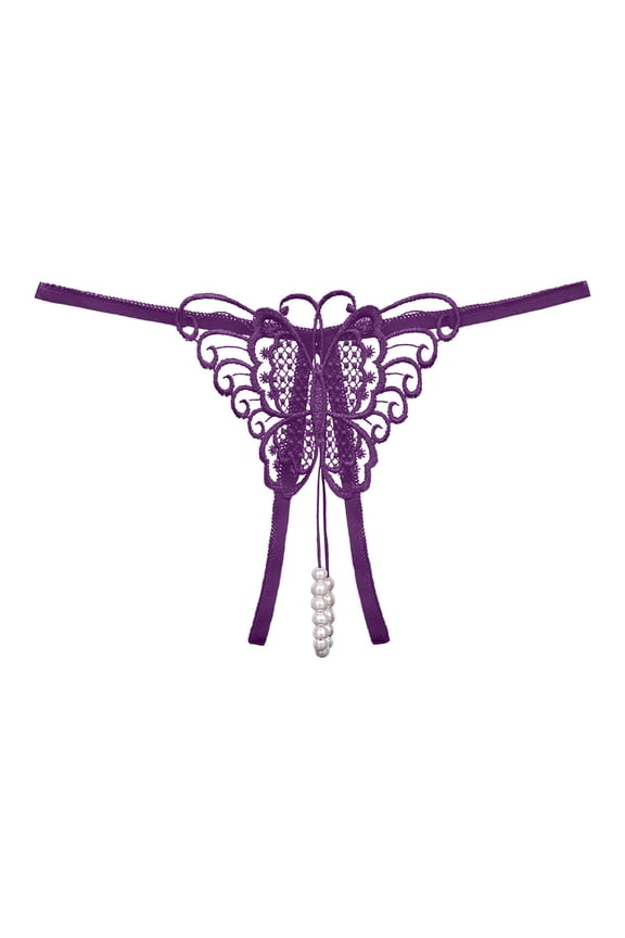 Pearl Butterfly Pendant Cutout G-String Thong Thongs for Women Purple L