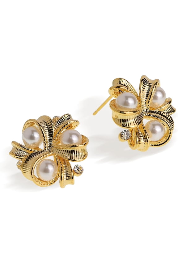Pearl CZ Snowflake Knot Stud Earrings for Women, Statement Cluster Rhinestone Cubic Zirconia Pearls Sunshine Hypoallergenic Studs Prom Wedding Holiday Fashion Jewelry Gift