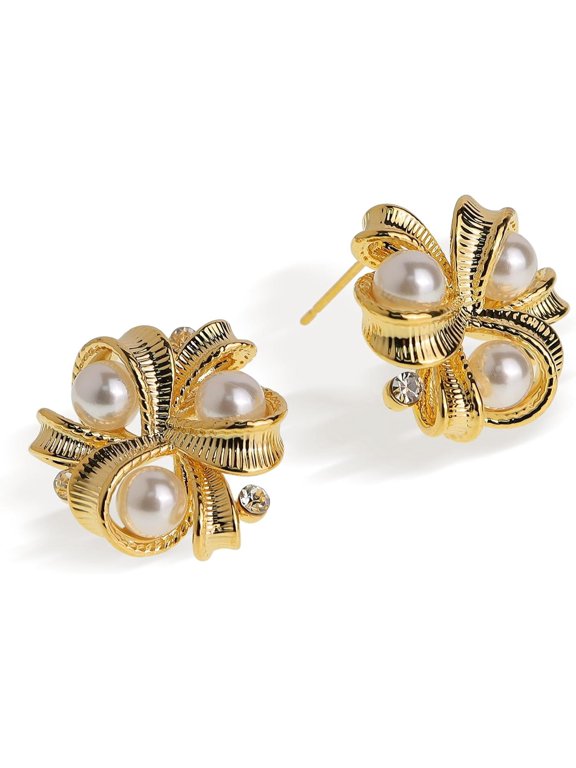 Pearl CZ Snowflake Knot Stud Earrings for Women, Statement Cluster Rhinestone Cubic Zirconia Pearls Sunshine Hypoallergenic Studs Prom Wedding Holiday Fashion Jewelry Gift