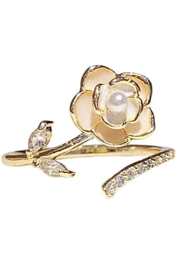 Pearl Camellia Flower Statement Open Ring for Women - Cubic Zirconia Crystal Rose Floral Blossom Leaf Adjustable Promise Wedding Engagement Rings Comfort Fit Stacking Wrap Finger Band Dainty Jewelry