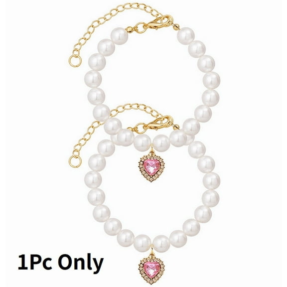 Pearl Cat Collar Pet Necklace Heart Collar Imitation Pearls Beaded Adjustable Extender Necklaces with Rhinestone Charm for Small Dog Jewelry Accessories - Pink,S