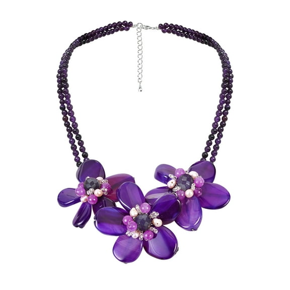Pearl Center Triple Purple Agate Flower .925 Silver Necklace