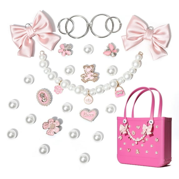 Pearl Chain Fabric Bow Charms for Rubber Totes Women, Handbag Insert Accessories Compatible with Bogg Bag, Beach Bags Decorations, Multicolor