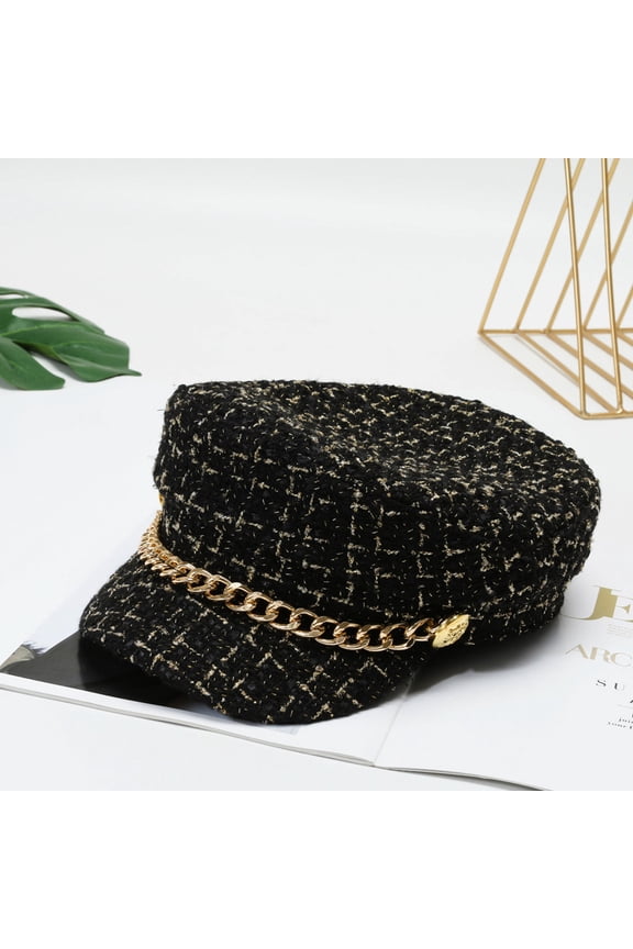 Flat Top Navy Hat Fashion Beret Newsboy Caps Berret Woman Octagonal Hats Women's Designer Women Plaid-Tweed Newsboy-Baker-Boy Hat Captain-Sailor Fisherman Hat Peaked-Beret with Chain