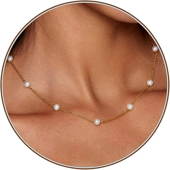 Pearl Choker Necklace for Women 14K Gold Plated Dainty Small Pearl Necklaces Adjustable Chain for Women Simple Jewelry Gifts