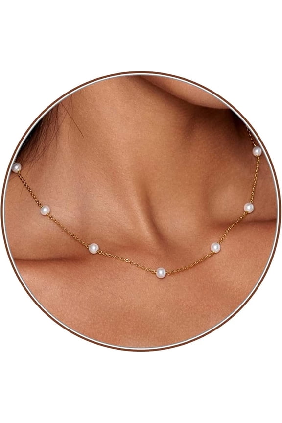 Pearl Choker Necklace for Women 14K Gold Plated Dainty Small Pearl Necklaces Adjustable Chain for Women Simple Jewelry Gifts