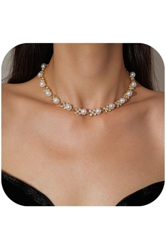 Pearl Choker Necklaces for Women - Dainty Gold Pearl Necklace 14k Gold Plated Choker Necklace Simple Trendy Charm Jewelry for Women