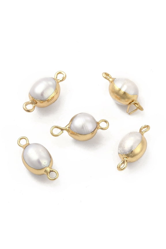 Pearl Connector Charms Oval Links with Brass Double Loops Light Gold 17~18x8~9mm Hole: 1.6~1.8mm