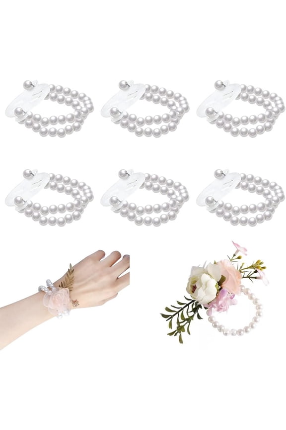 Pearl Corsage Wristlet Band Elastic Wedding Bracelet for Wedding Party 6 Pcs