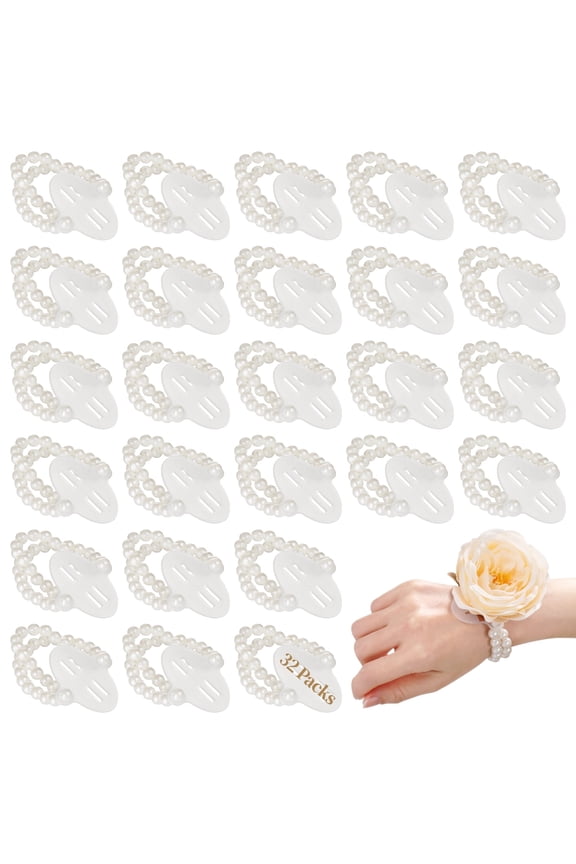 32 Pack Pearl Wristlet Bracelets for Weddings Elastic DIY Corsage Bands with Transparent Base for Bridesmaids & Wedding Decor | Wedding Bracelet Decorations Accessories