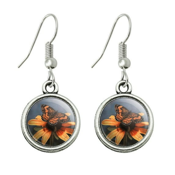 Pearl Crescent Butterfly on a Yellow Flower Novelty Dangling Drop Charm Earrings