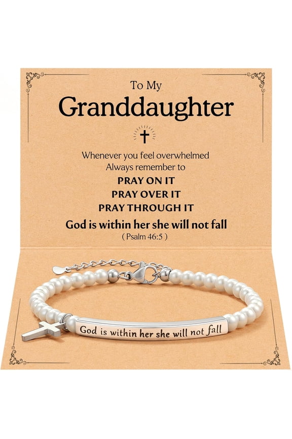 Pearl Cross Bracelet for GranddaughterAdjustable Religious Jewelry Gifts with Card, Valentines Day Birthday First Communion Easter Christmas Present