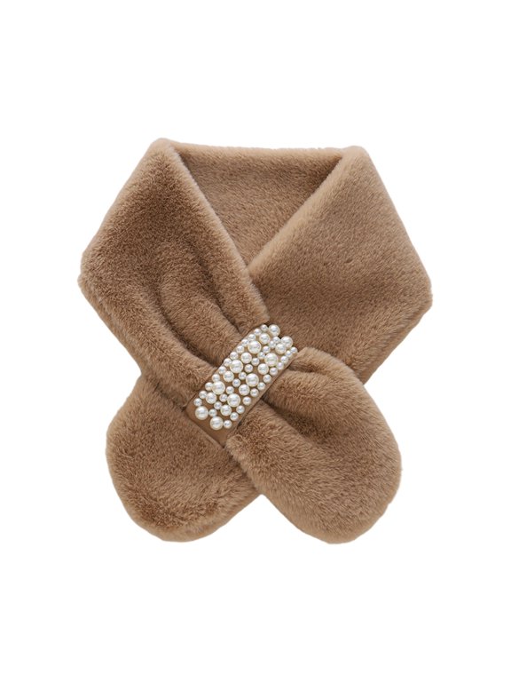 Pearl Cross Buckle ry Scarf, Women Winter Warm Thick Plush Windproof Wrap - Casual Multi Color Collar,One Size