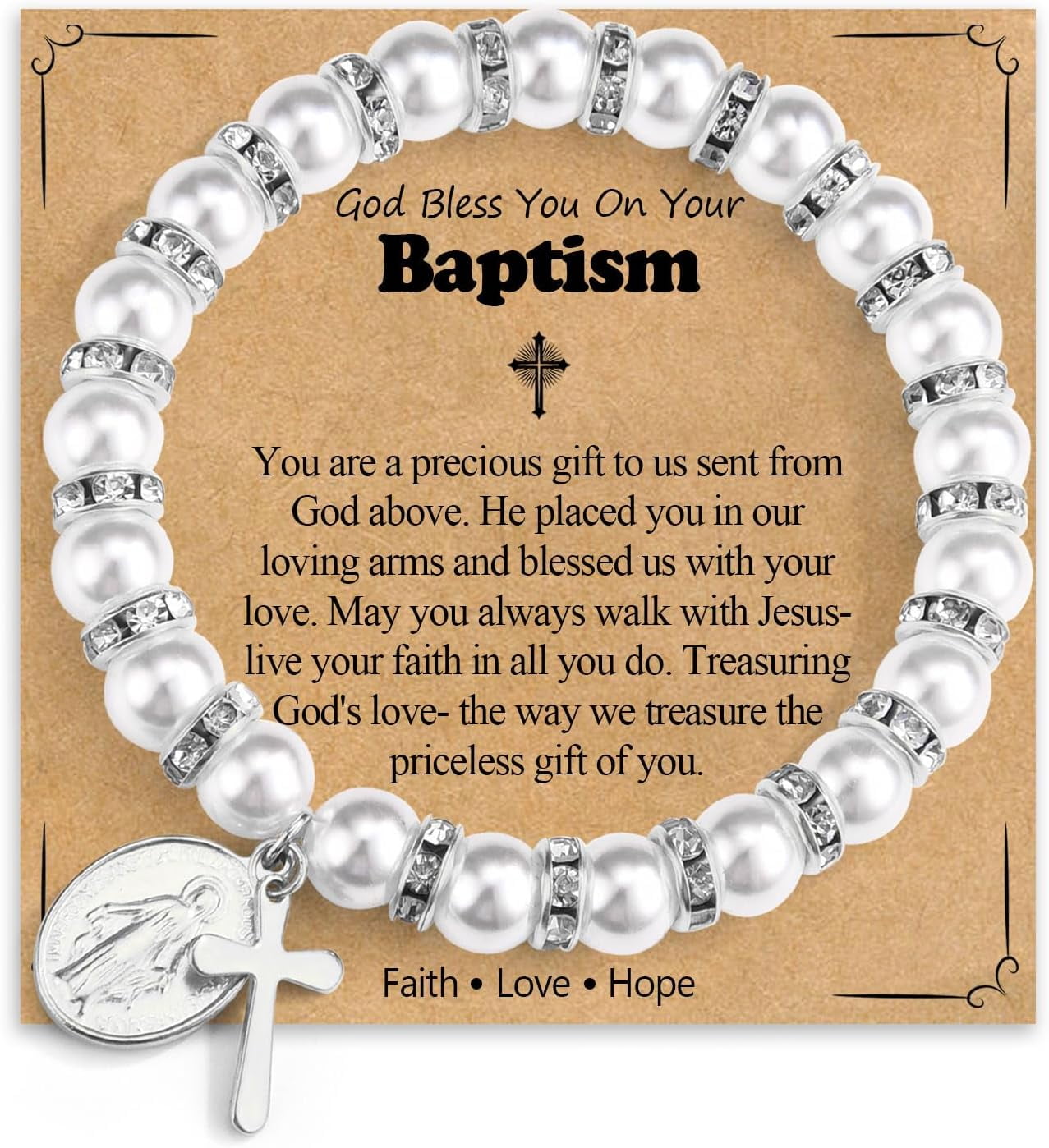 Pearl & Crystal First Communion Bracelet – Christening Gift For Girls, 7 Inch With Extender, Hypoallergenic Stainless Steel