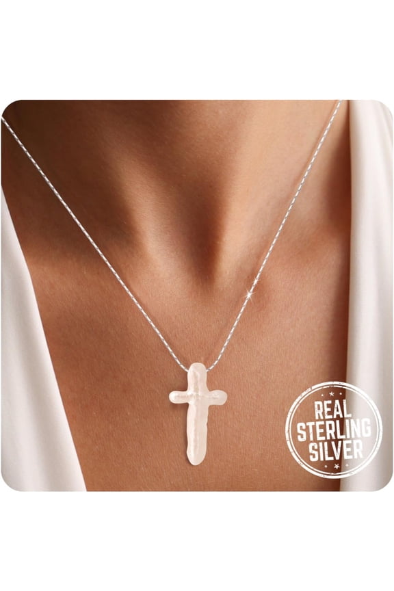 Pearl Cross Necklace for Women, 925 Sterling Silver/Gold Chunky Baroque Natural Freshwater Pearl Cross Pendant Chain Simple Trendy Handmade Jewelry Gift for Women[s759]