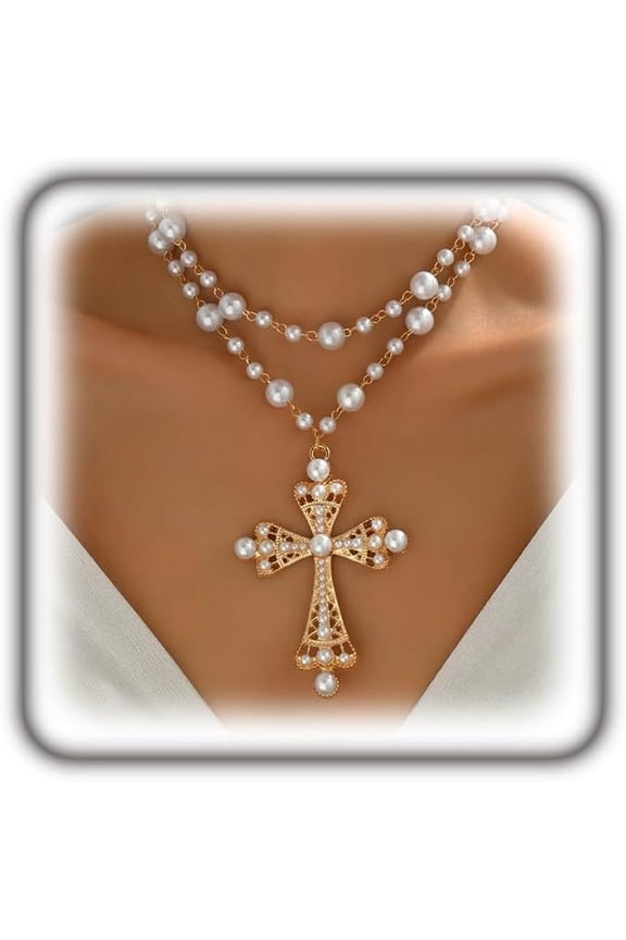 Pearl Cross Necklace for Women,Gothic Gold Chunky Long Big Cross Pendant Necklace,Pearl Beads Chain Large Crucifix Dangle Necklace for Punk Party[p1464]