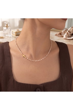 Pearl Cross Necklace for Women, 14K Gold Plated Dainty Pearl & Cross Pendant Necklace, Christian Faith Jewelry Gift for Her