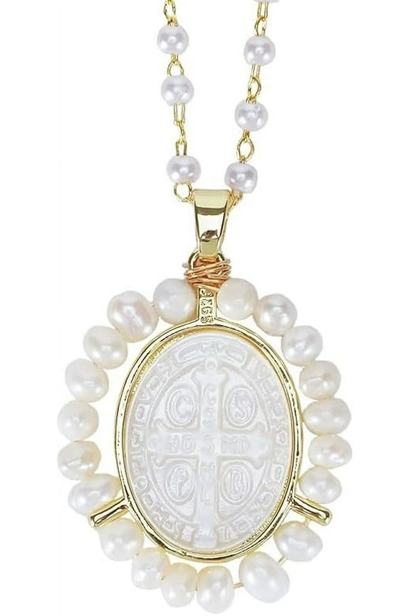 Pearl Cross Symbol Miraculous Medal Necklace,Religious Faith Necklace Women
