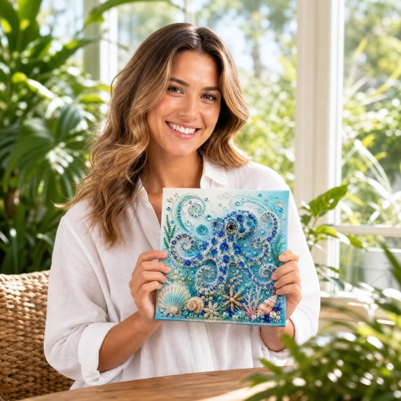 Pearl Crystal Pearl Painting Kit with Frame,Marine Rhinestone Craft Set,Dolphin Turtle Crab Seahorse Ocean Mosaic Wall Decor for Coastal Farmhouse Bathroom