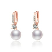 JEWPEARL Pearl Dangle Drop Earrings for Women 925 Sterling Silver Pearl Leverback Earrings Cubic Zirconia Pearl Dangling Earrings - ROSE GOLD
