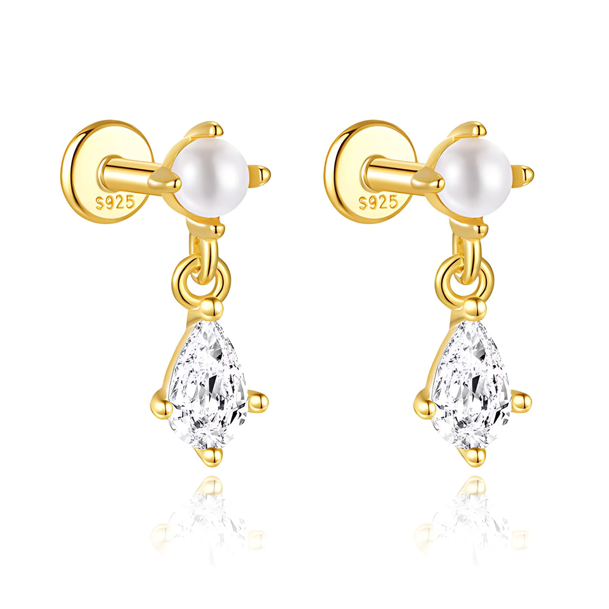Pearl Dangle Flat Back Earrings for Women Sterling Silver 16g Cartilage Helix Lobe Body Piercing Stud Ginger Lyne