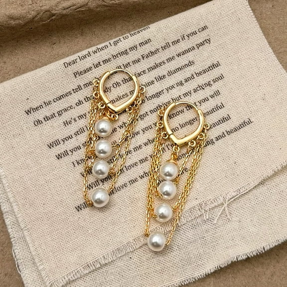 Pearl Dangle Hoop Earrings for Women - Dainty 14K Gold Plated Small Drop Chain Hoops Trendy Earring Sets for Multiple Piercing Jewelry Gifts