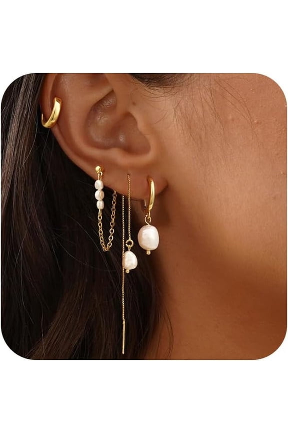 Pearl Dangle Hoop Earrings for Women - Dainty Hypoallergenic 14K Gold Plated Small Drop Chain Hoops Trendy Earring Sets for Multiple Piercing Jewelry