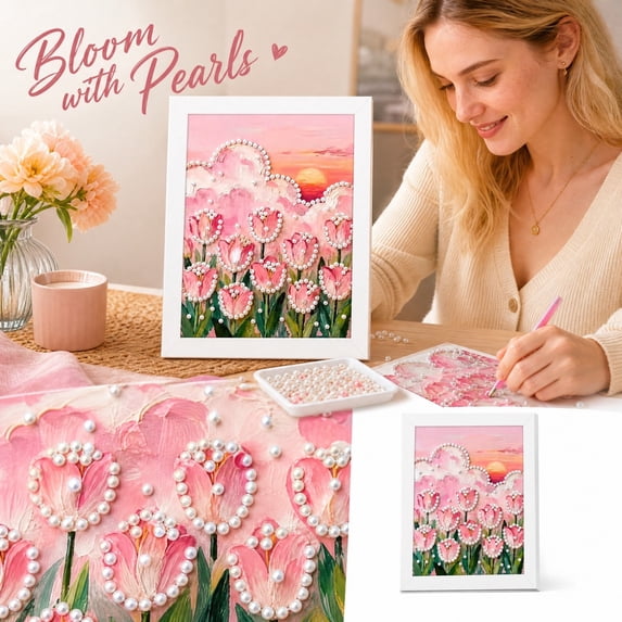 Pearl Diamond Art, 5D Diamond Painting for Adults, 7 Inch Small Framed Wall Art, Flower Wall Art Craft Kit, Floral Wall Decor for Autumn Home Decoration, 1 Pack
