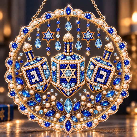 Pearl Diamond Art Kit with Dreidel and Star of David Design, Blue and Gold, for Adult Holiday Wall Hanging, Hanukkah Decoration