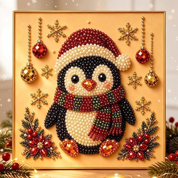 Pearl Diamond Art Kits For Adults Christmas Pearl Diamond Art ABS DIY Craft Kit 7.86 X 7.86 In Framed Canvas For Beginner Seasonal Party Activity Holiday Home Wall Table Decor Gift,B-Penguin