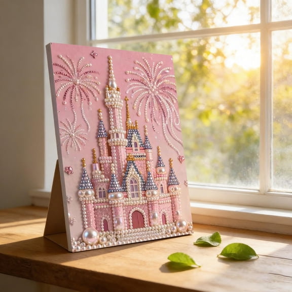 Pearl Diamond Art Painting Kit for Adults - Shimmering Castle DIY Gem Art with Frame, Complete Beginner Craft, Home Decor Gift (Pink)
