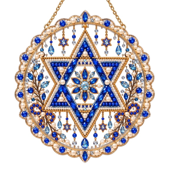 Pearl Diamond Painting Hanging Ornament Kit with Star of David Design, Blue and Gold Beaded Wall Decoration for Adult Craft Enthusiasts