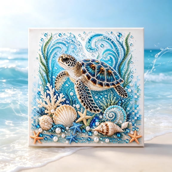 Pearl Diamond Painting Kit, Beach Art Wall Decor, Diamond Art on Canvas, Craft Kit for Adults & All Ages, Ocean Themed Pearl Art Set for Handmade Home Decoration