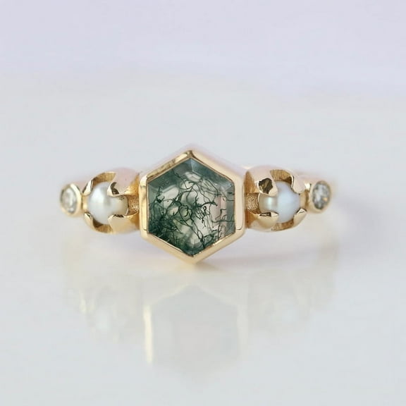 Pearl & Diamond Ring, 18k Gold Filled Ring, Hexagon Moss Agate, Delicate Ring, Cocktail Ring, Anniversary Ring