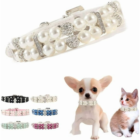 Pearl Dog Collar, Dog Collar Girl Puppy Collars Crystal Fancy Bling Pearl Cat Collar Rhinestone Luxury Beaded Necklace Diamond Pet Jewelry for XXS XS Small Medium Female Dogs 1Pack