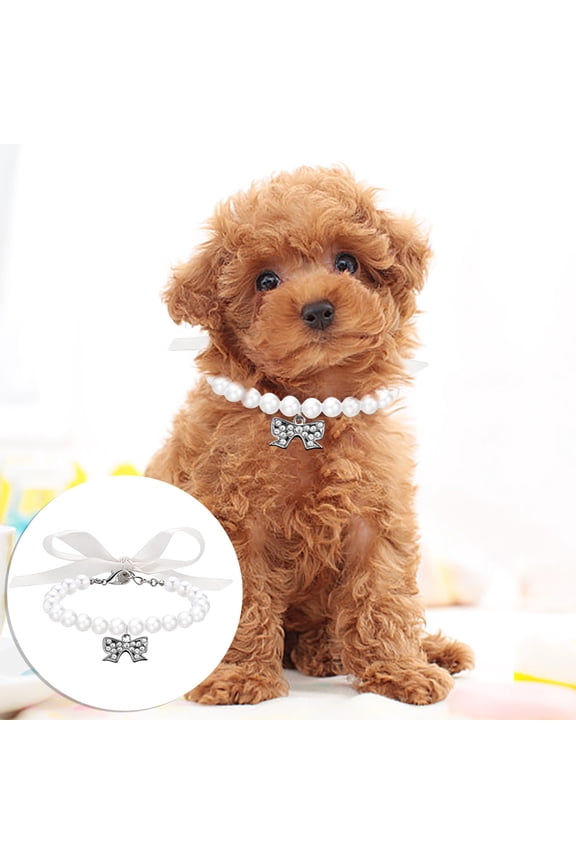 Pearl Dog Collar with Rhinestone Bow Pendant, Adjustable Pet Necklace for Small Dogs and Cats, Cute Jewelry Collar for Puppies and Kittens, Elegant Pearl Pet Accessory